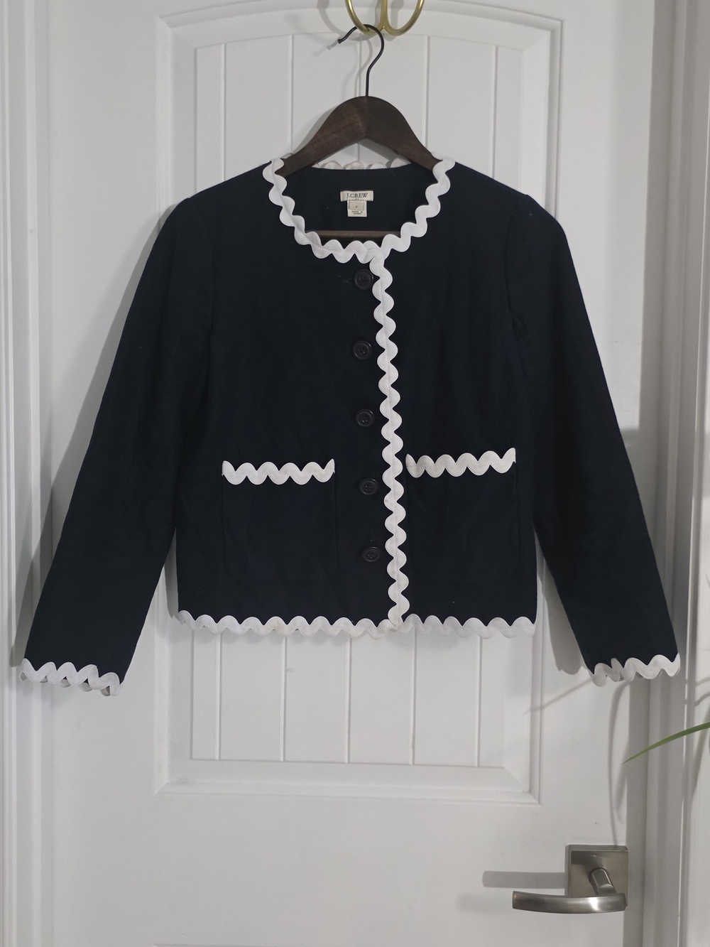 J.Crew Y2K Navy Linen Cotton Ric Rac Trim Lady Jacket Blazer Size 2 -18 inch ptp - Picture 2 of 11